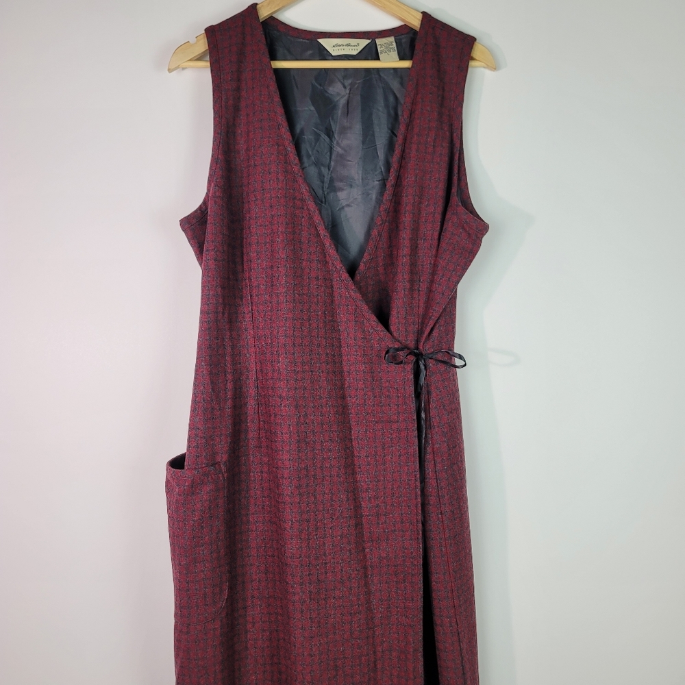 Eddie Bauer maroon plaid vintage wrap maxi dress with pockets Size large